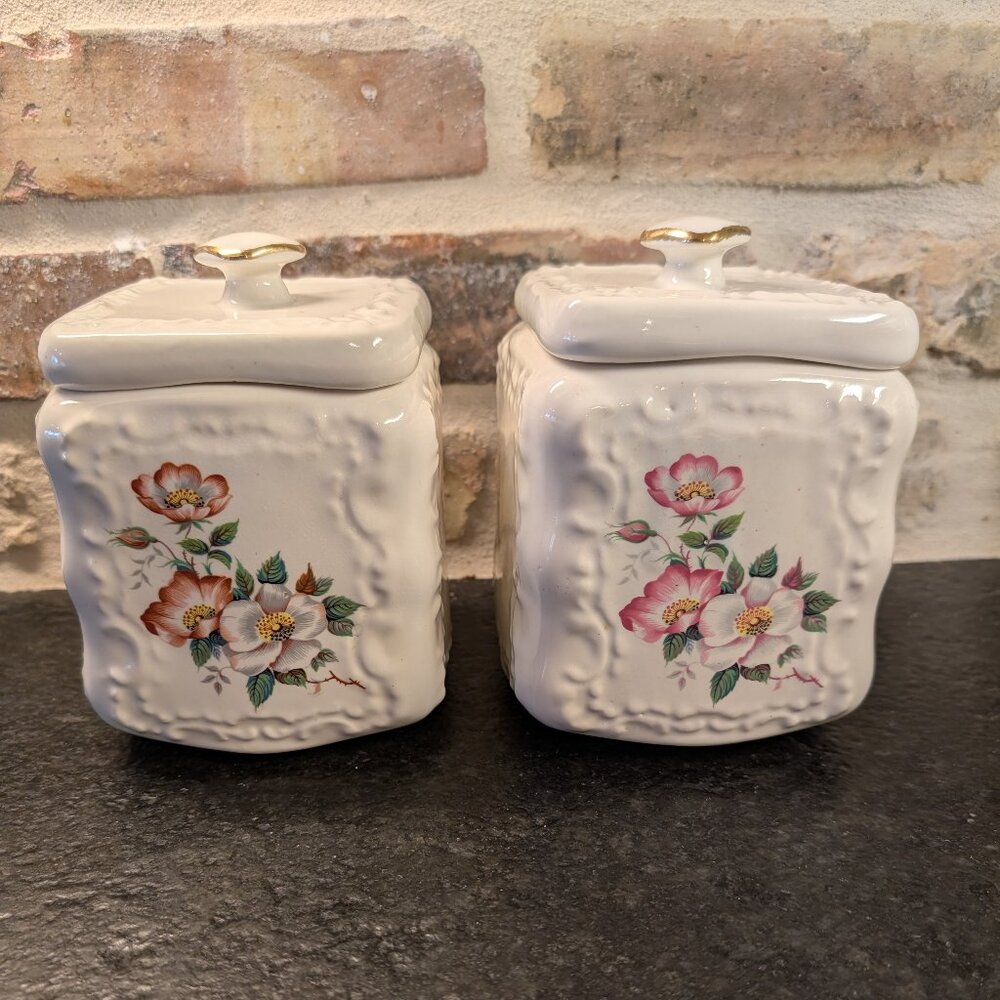 (2) Vintage House of Webster Briar Rose Biscuit Canister Ceramic Pink Floral
